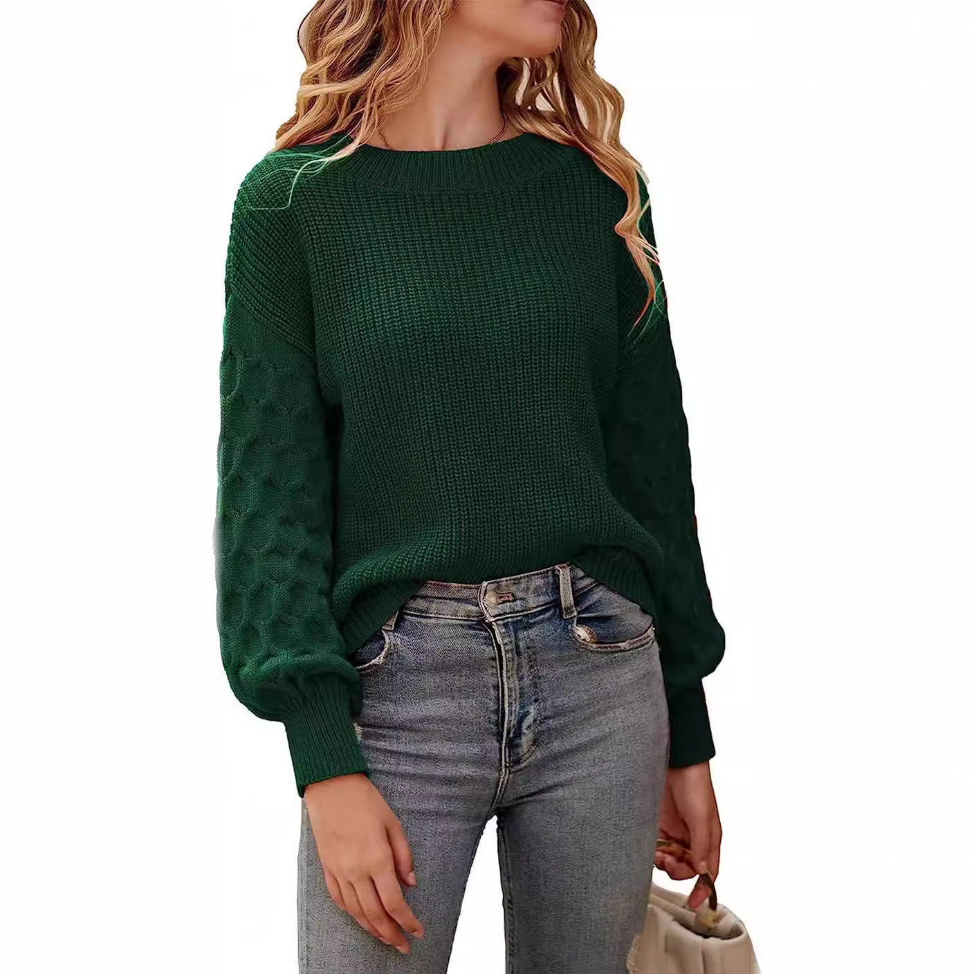 Lily cream chunky knit sweater relaxed fit with textured sleeve pattern for fall winter