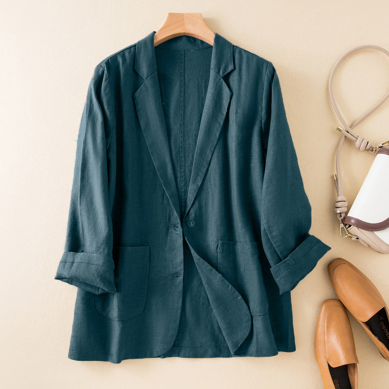 Women's relaxed fit natural fiber jacket with long sleeves and button front closure for casual wear