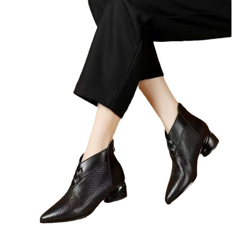 Women's black PU leather ankle boots pointed toe low block heel with textured panel detail