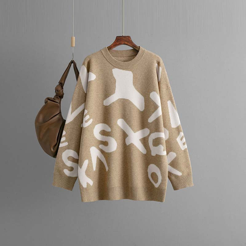 Oversized graphic knit sweater in bold pattern, cozy relaxed fit for fall winter statement style