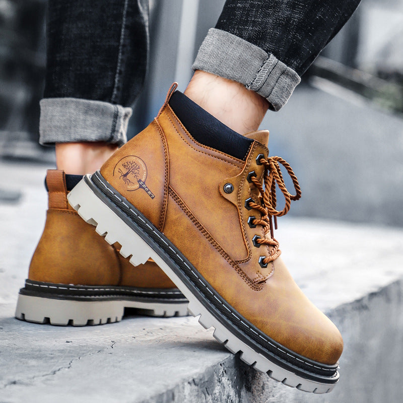 Men's black faux leather ankle-high lace-up boots with chunky lugged sole for everyday style