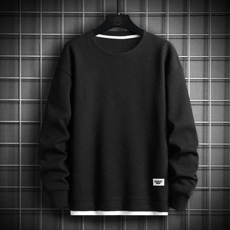 Men's waffle knit crewneck sweatshirt relaxed fit long sleeve with ribbed cuffs casual fall staple
