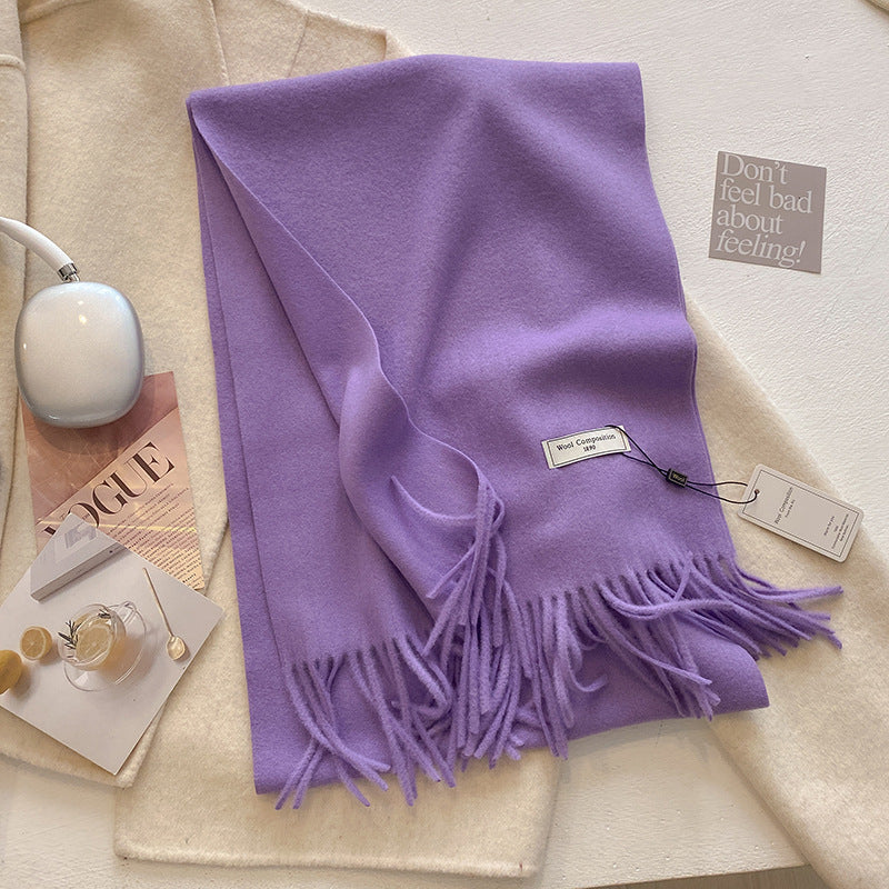 Soft plain tassel scarf shawl in neutral tones, versatile wrap with fringe hem detail