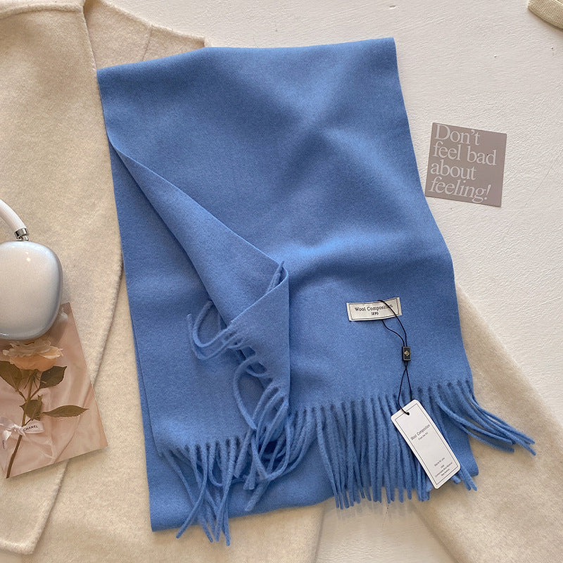 Soft plain tassel scarf shawl in neutral tones, elegant wrap style with fringe ends