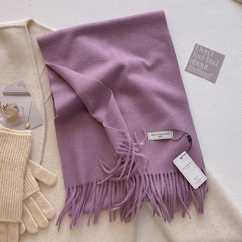 Soft plain tassel scarf shawl in neutral tone, versatile wrap style with fringe hem detail