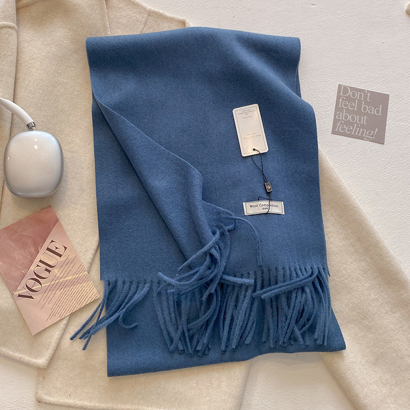 Soft plain tassel scarf shawl in neutral tones, oversized wrap style with fringe trim
