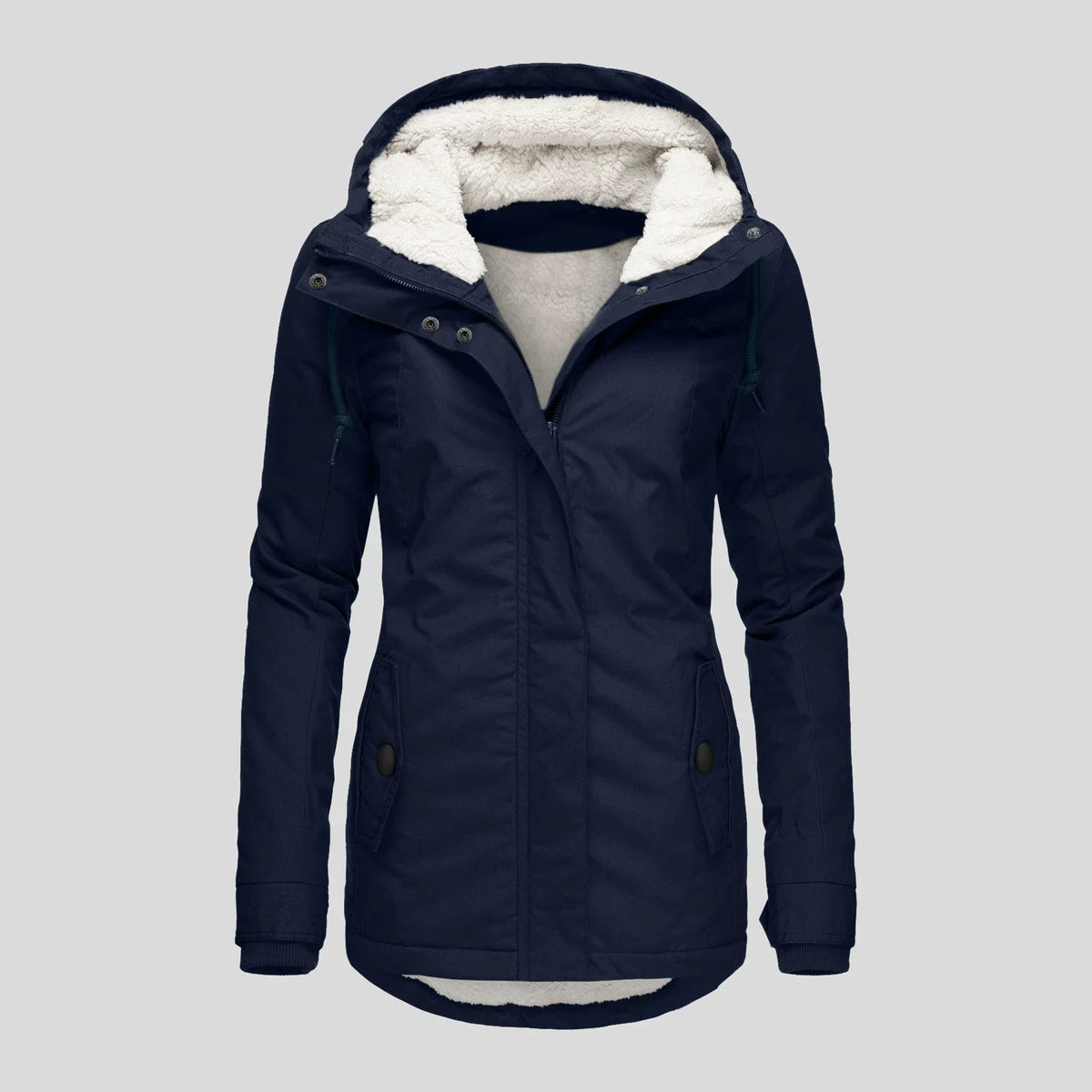 Women's hooded parka coat semi-fitted mid-thigh length with warm plush lining, weather-resistant winter style