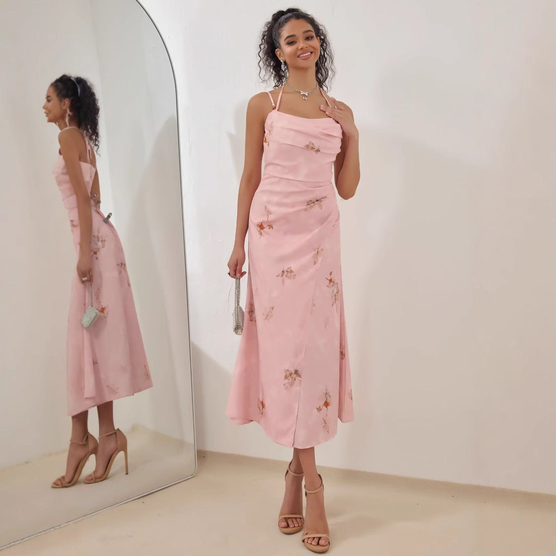 Women's satin midi dress A-line cut with delicate floral details and thin straps