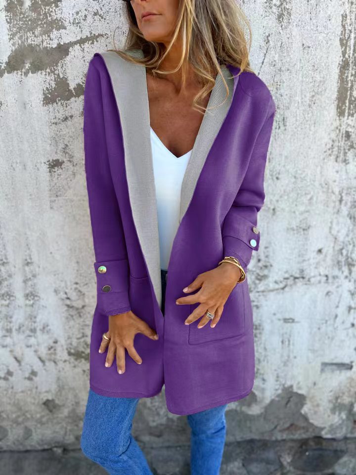 Women's hooded longline cardigan soft cozy knit relaxed fit oversized silhouette neutral tone
