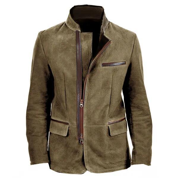 Men's slim fit suede jacket stand collar zipper multiple pockets casual semi-formal brown