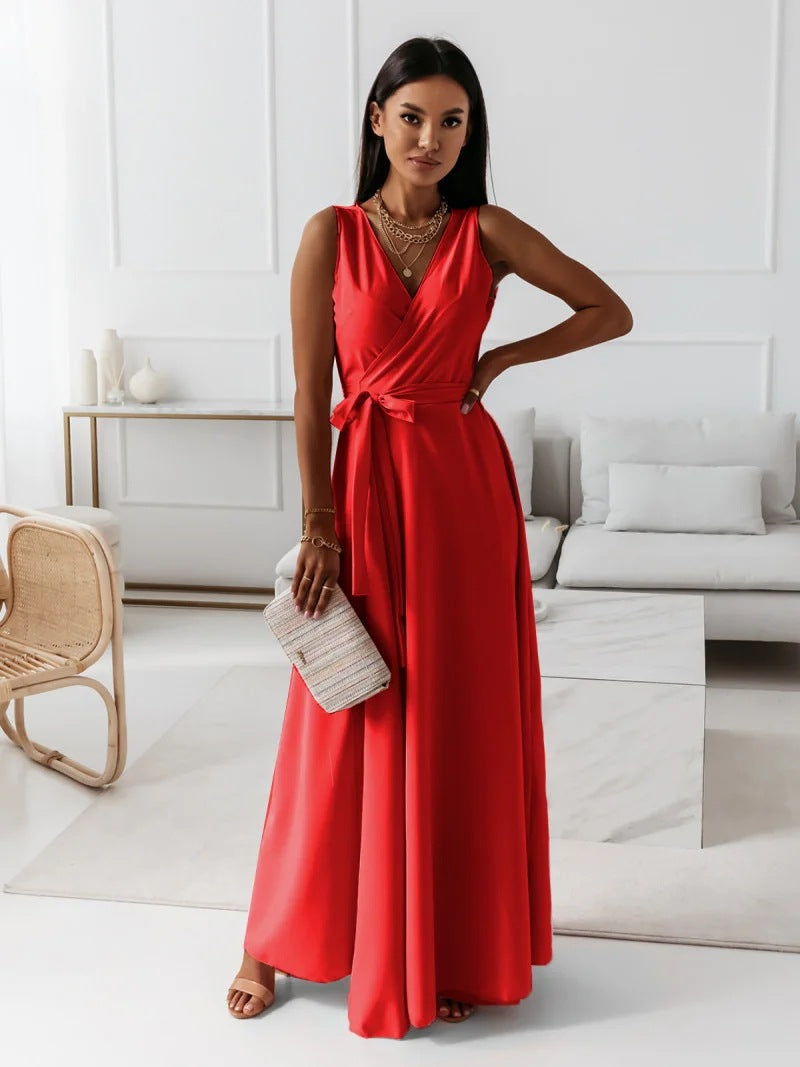 Wavlynn Dame sleeveless V-neck maxi dress elegant tailored waist long party gown