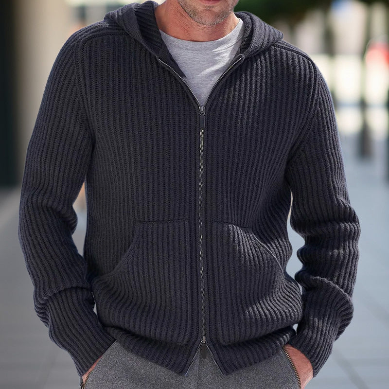 Men's heather gray hooded knit cardigan relaxed fit full-zip ribbed texture casual layering