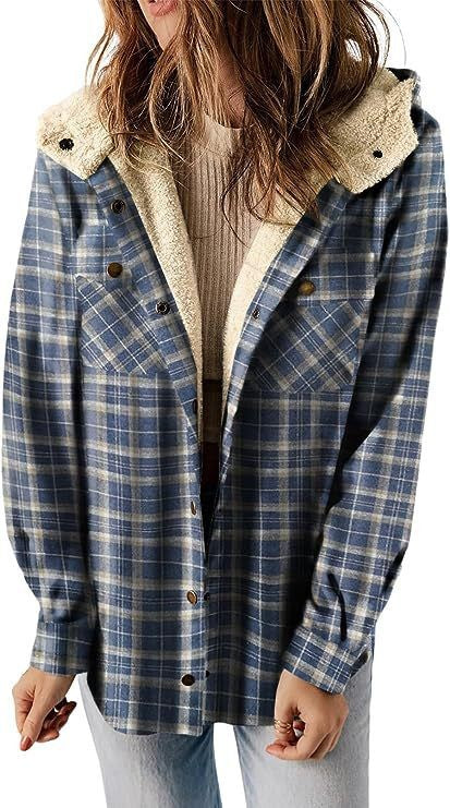 Women's plaid wool blend jacket with plush lined hood, relaxed fit cozy coat for fall winter