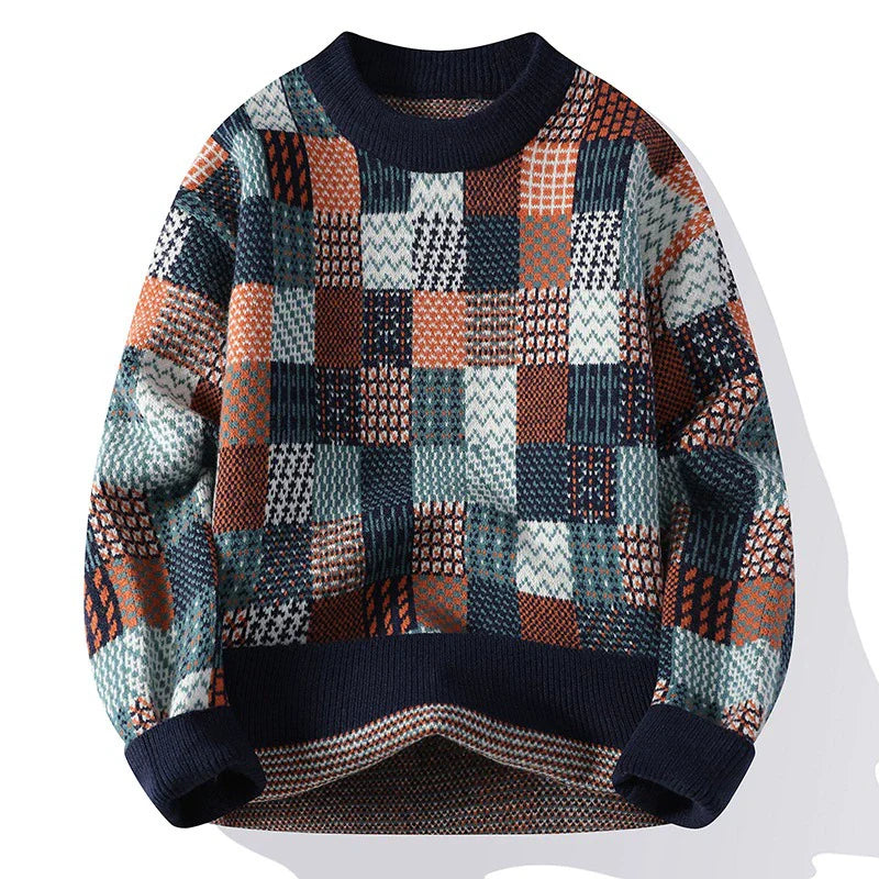 Men's wool-blend crew neck pullover sweater, relaxed fit, checkerboard patchwork in neutral tones