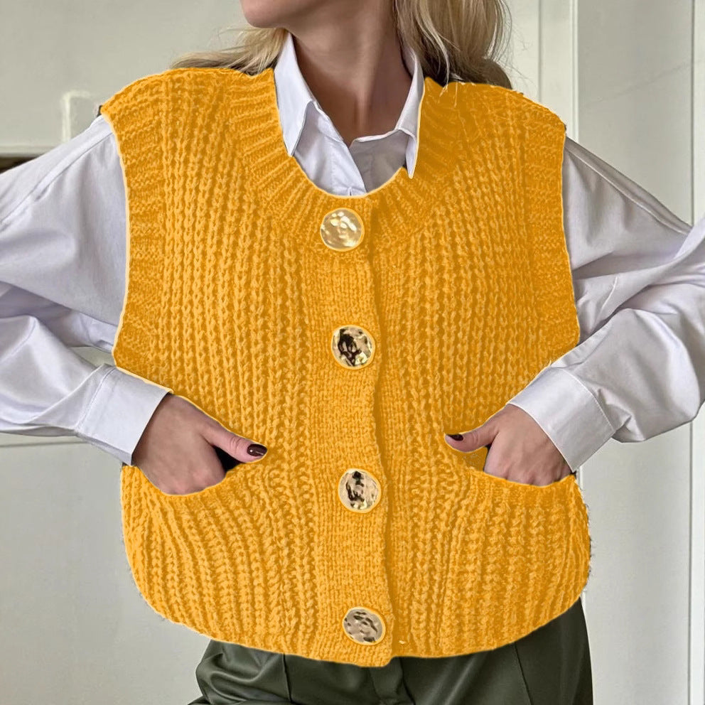 Women's oversized ribbed knit vest wool blend button-front with pockets in neutral tone