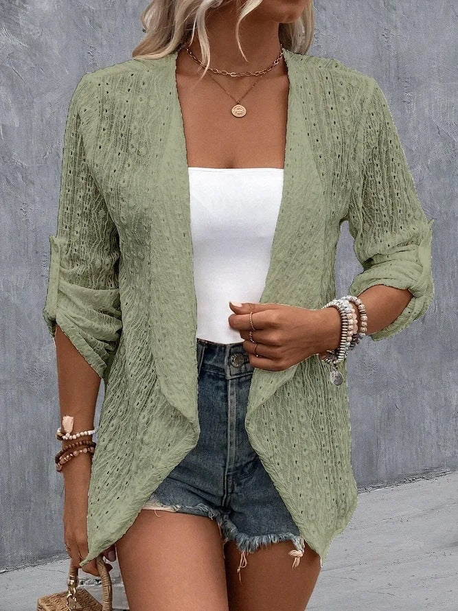 Women's boho crocheted knit open-front cardigan relaxed fit with textured crochet weave detail