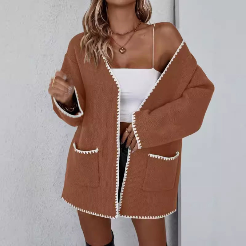 Women's oversized open-front knit cardigan cozy layering piece with pockets for everyday wear