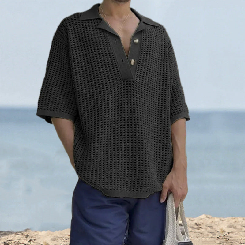 Men's oversized open knit sweater notch collar short sleeves breathable Nordic style cotton