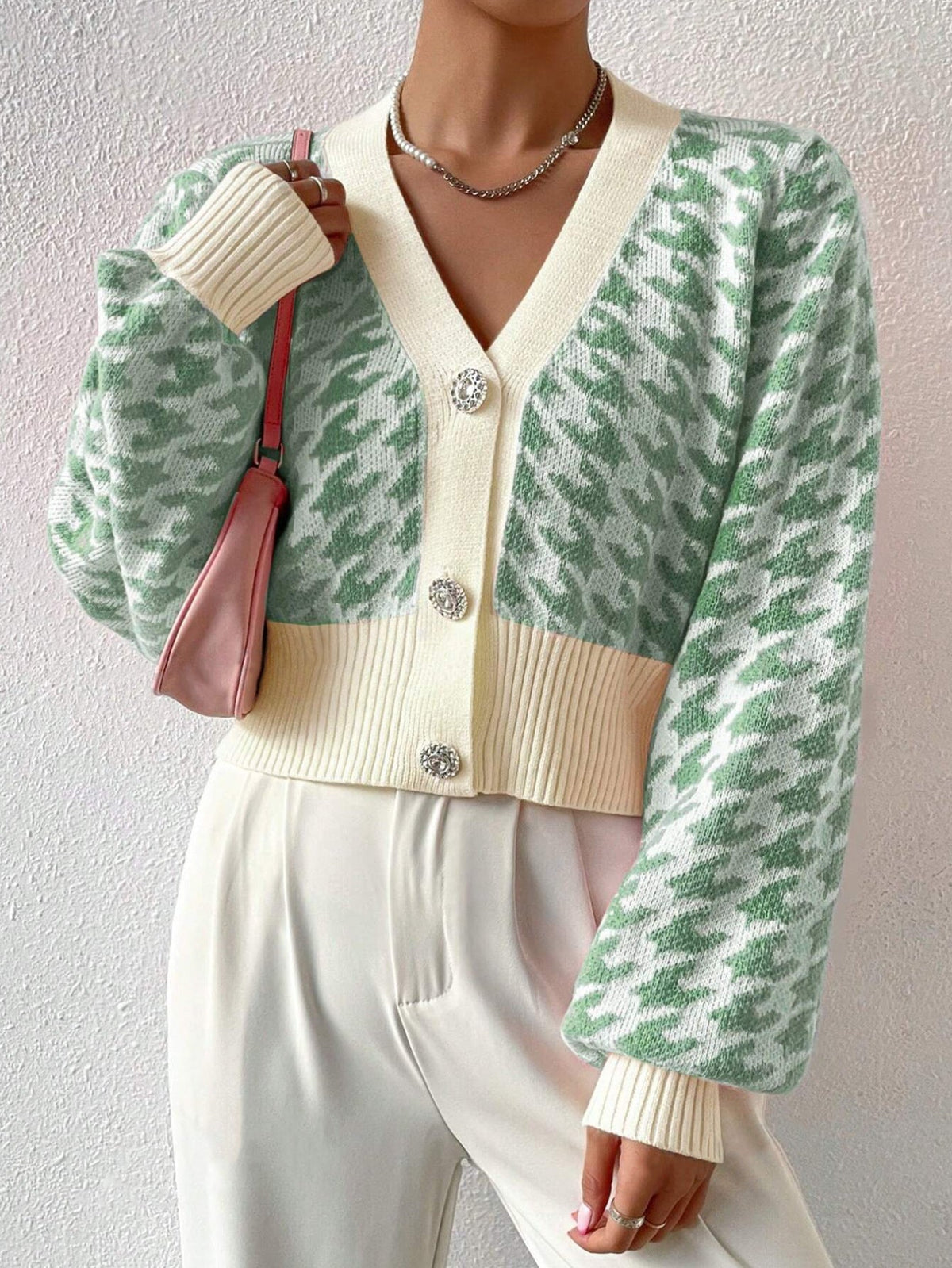 Women's cropped houndstooth knit cardigan balloon sleeves V-neck wool-blend cozy chic layer