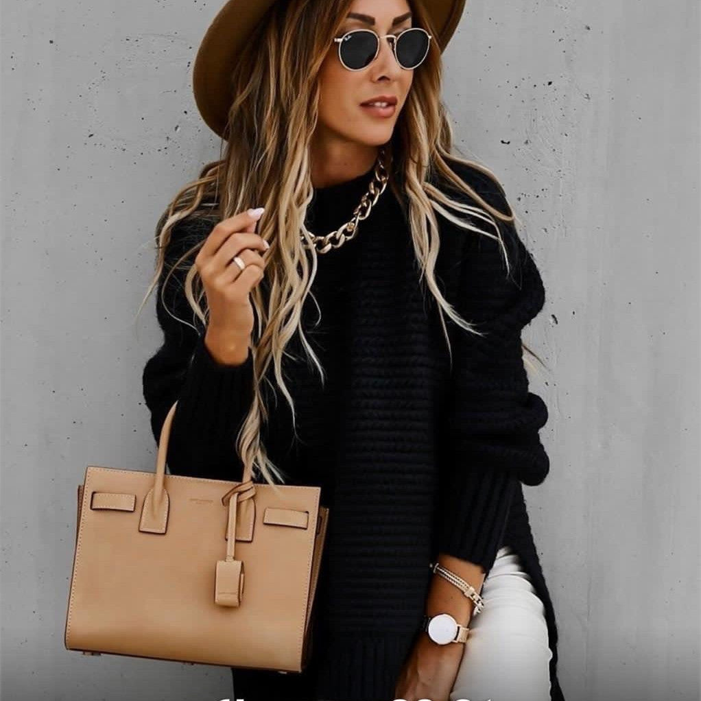 Jade green oversized chunky knit sweater with high neck and ribbed cuffs
