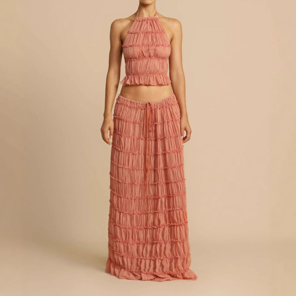 Women's ruched halter crop top and elastic waist maxi skirt two-piece set, chic summer coord