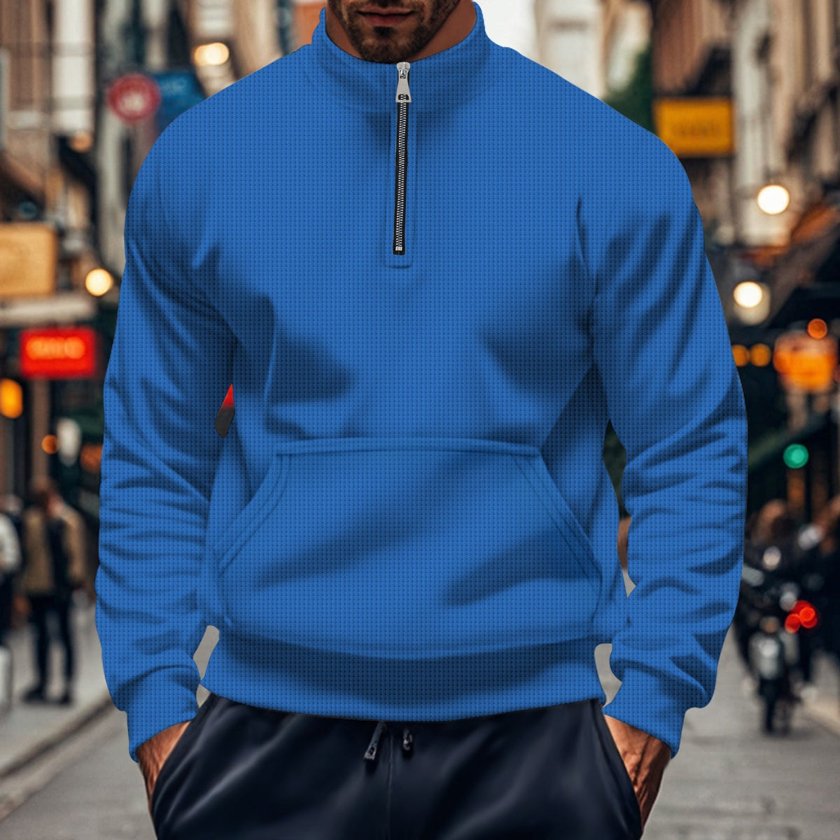 Men's relaxed fit half-zip sweatshirt with kangaroo pocket and ribbed trim in cotton knit