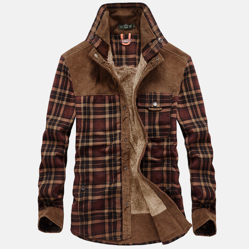 Plaid flannel shirt jacket with corduroy contrast, sherpa-fleece lining, relaxed fit