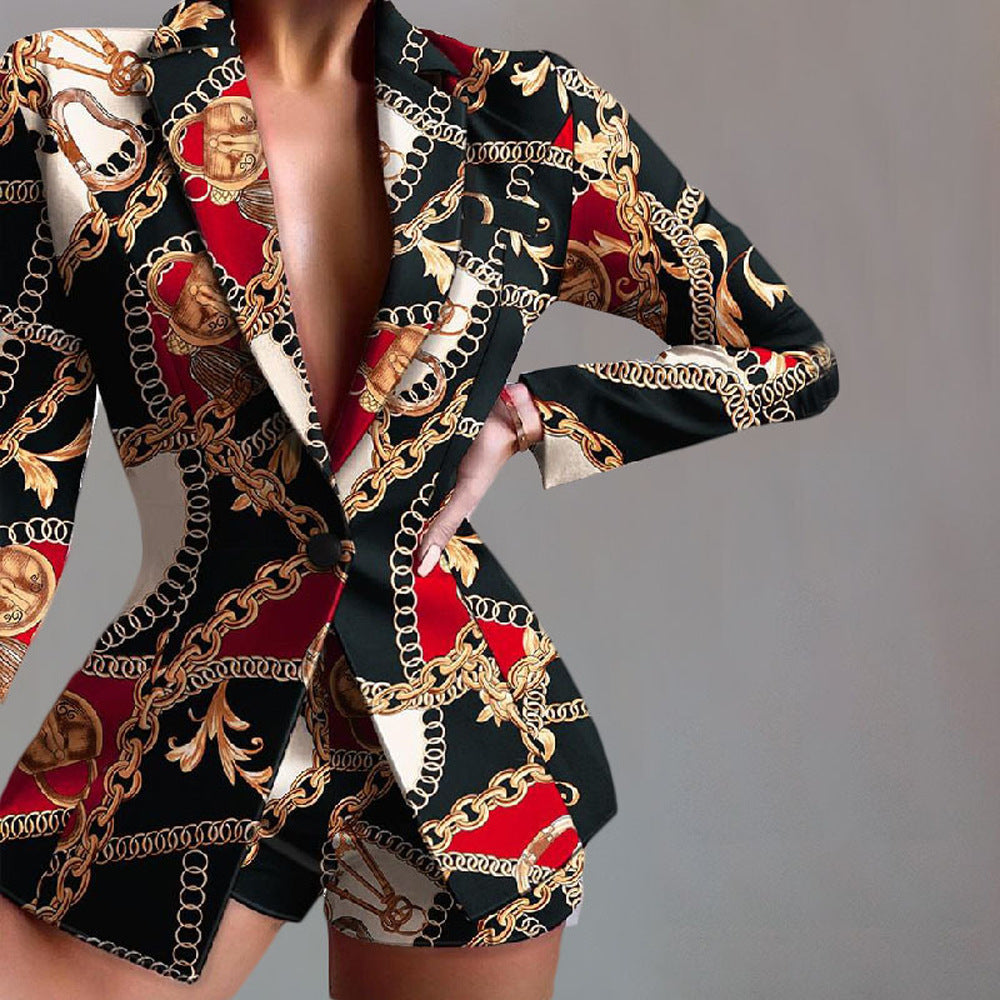 Women's tailored leopard print blazer with peaked lapels and long sleeves, bold statement fit