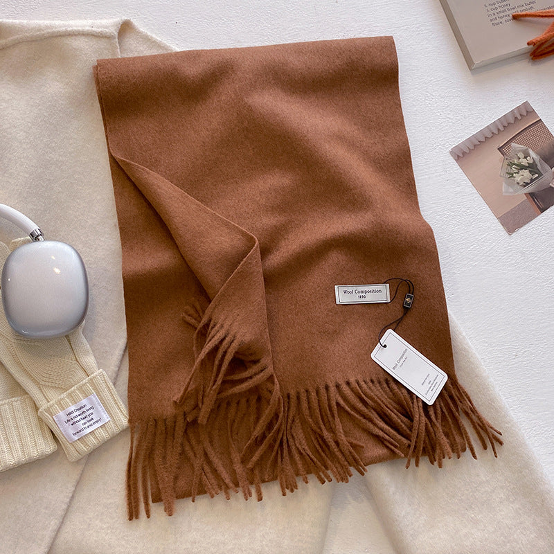 Soft plain tassel scarf shawl in neutral tones, versatile wrap style with fringe hem detailing