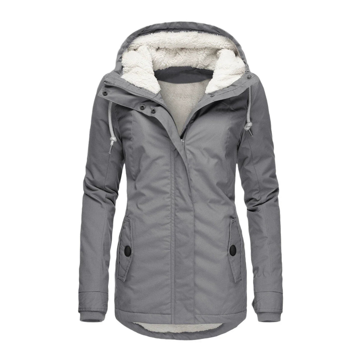 Women's hooded parka coat semi-fitted mid-thigh length with plush lining warm weather-resistant