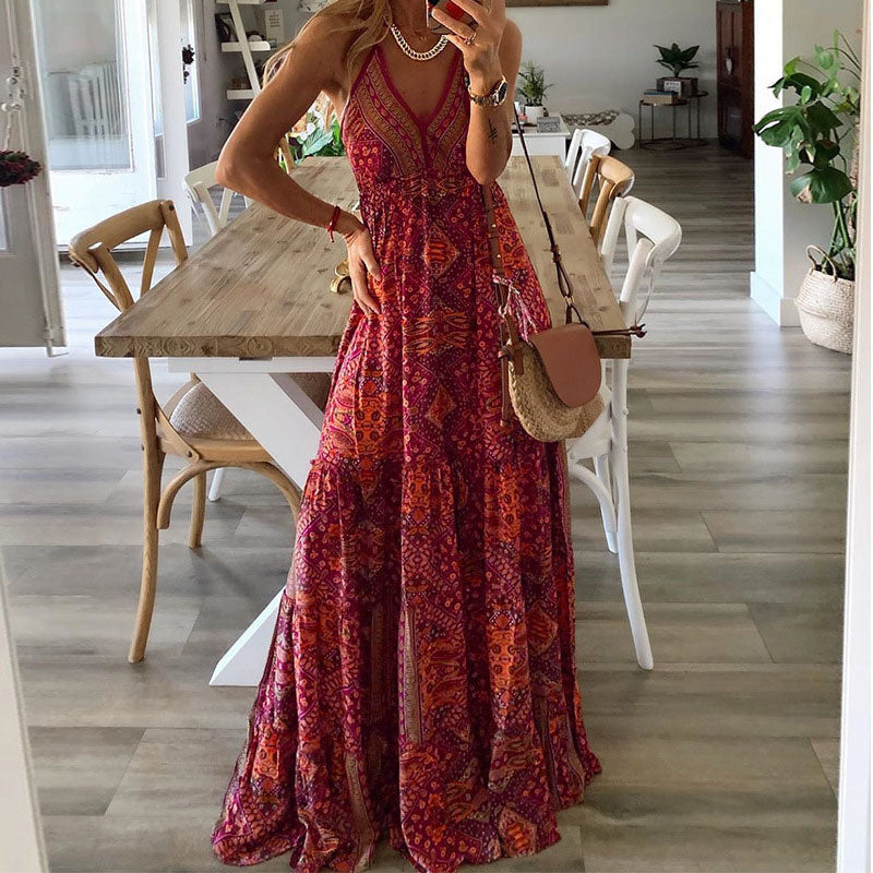 Women's boho maxi dress V-neck flowy draped silhouette spaghetti straps effortless feminine style