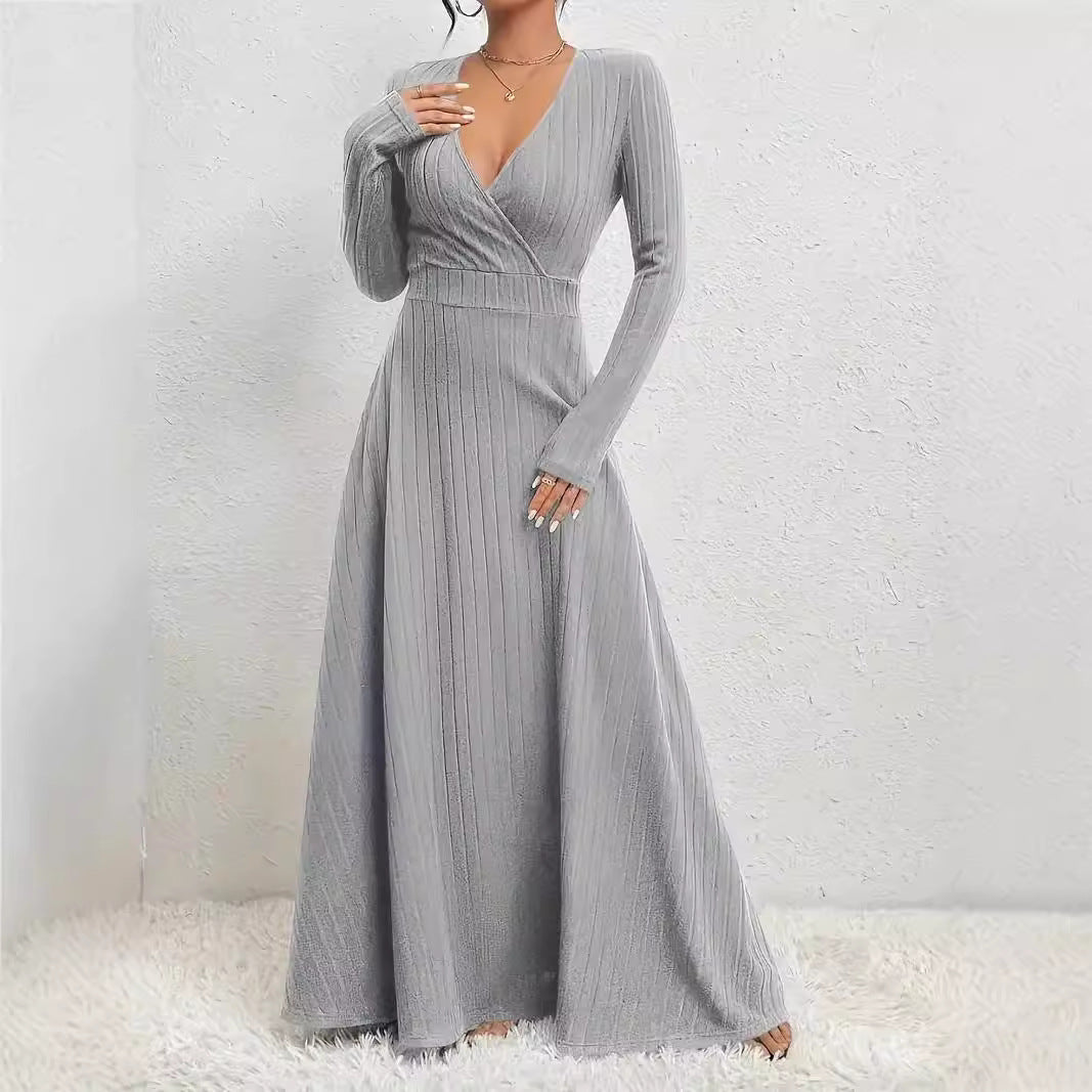 Women elegant maxi dress long-sleeved fit-and-flare soft knit defined waist floor-skimming silhouette