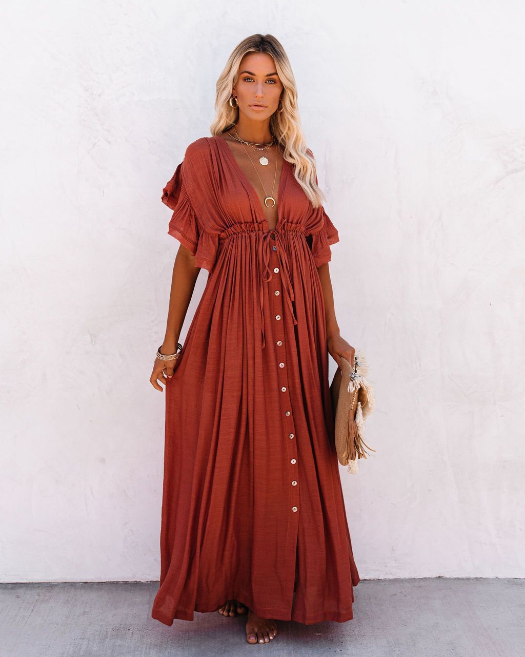 Women's boho kimono wrap dress flowy V-neck beach cover-up with soft bohemian print