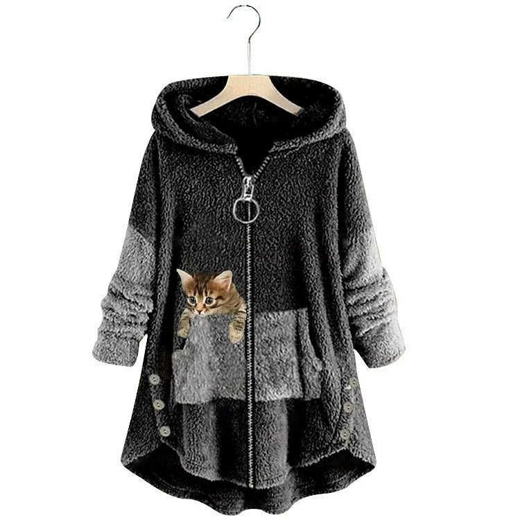 Women's oversized plush fleece long hooded jacket in neutral tone with whimsical cat pocket detail