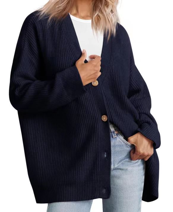 Striped knit cardigan oversized fit V-neckline button-down cozy layering piece for women