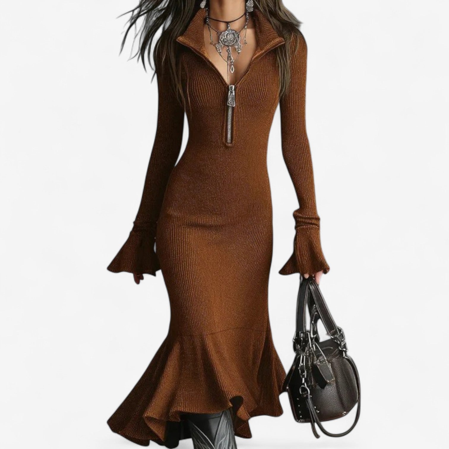 Black collar zip dress with sleek front zipper and tailored collar for polished day-to-night style