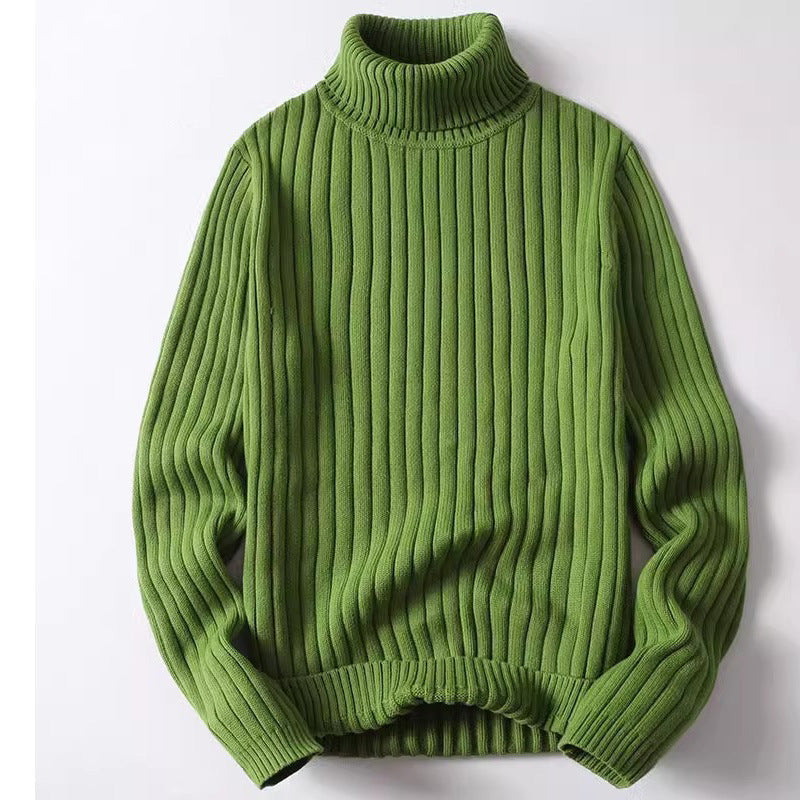 Men's blue ribbed knit fold-over turtleneck sweater cotton blend hip-length long sleeve