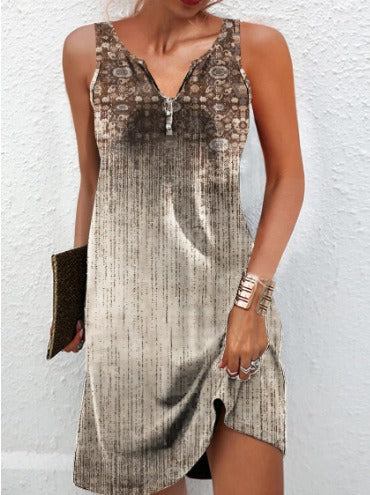 Women's sleeveless V-neck cotton blend dress with floral detail and asymmetrical hem