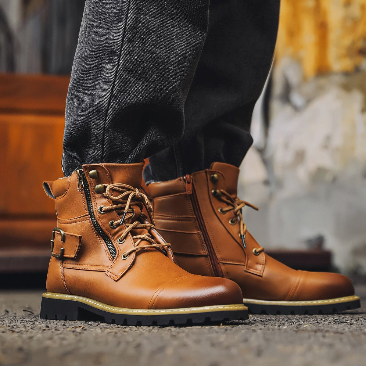 Men's brown leather ankle boots lace-up closure side zipper everyday casual style