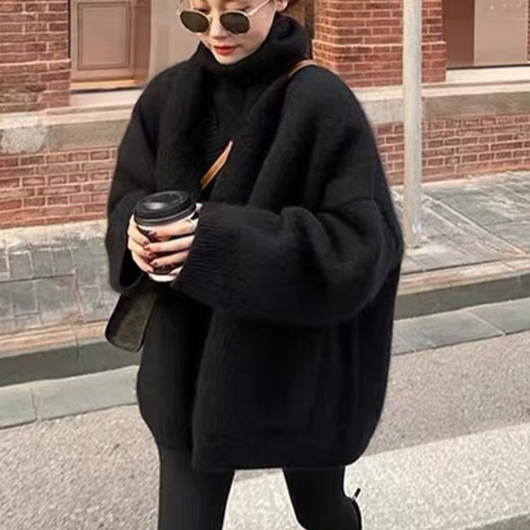 Women's oversized mohair cardigan deep V-neck with pockets, cozy soft knit all-season layering style