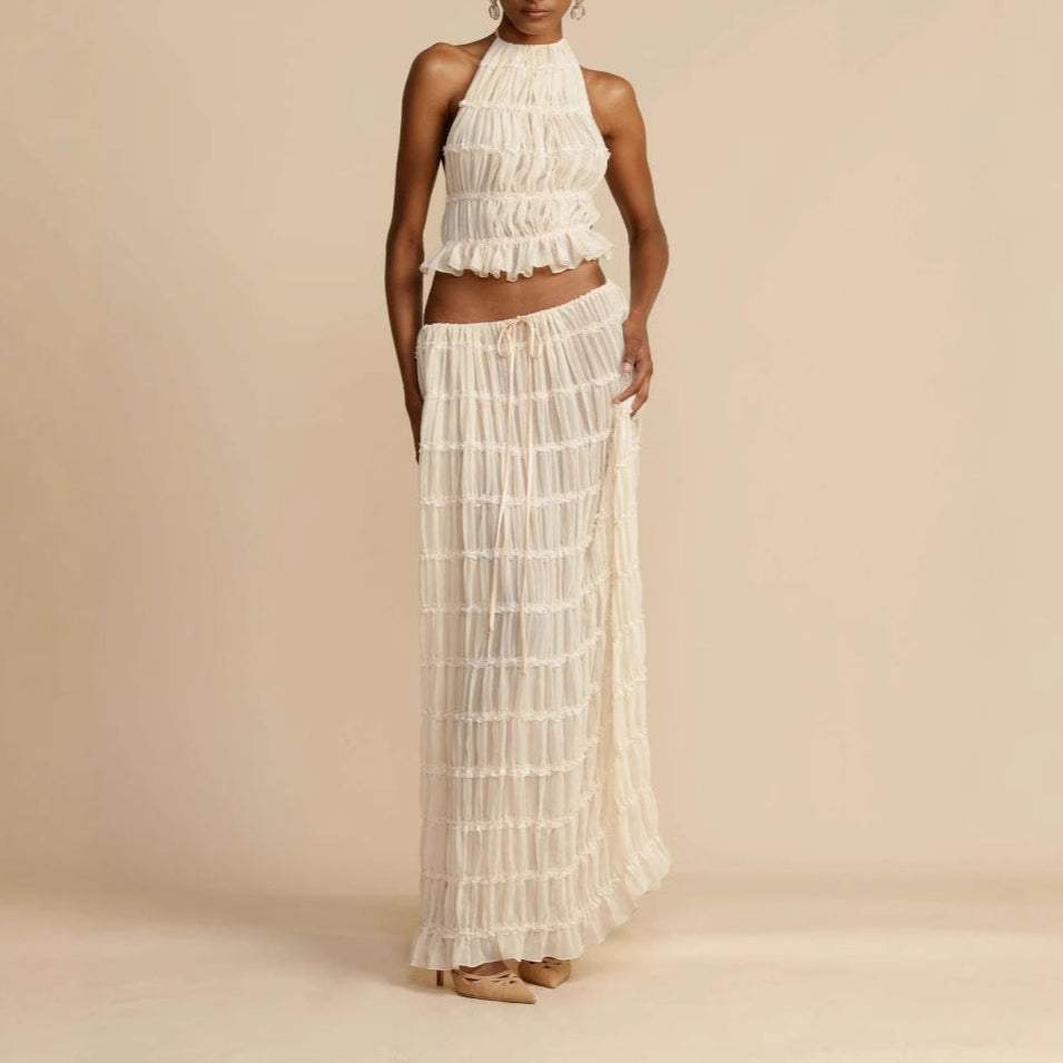 Women's ruched halter crop top and elastic waist maxi skirt two-piece set, chic summer coord