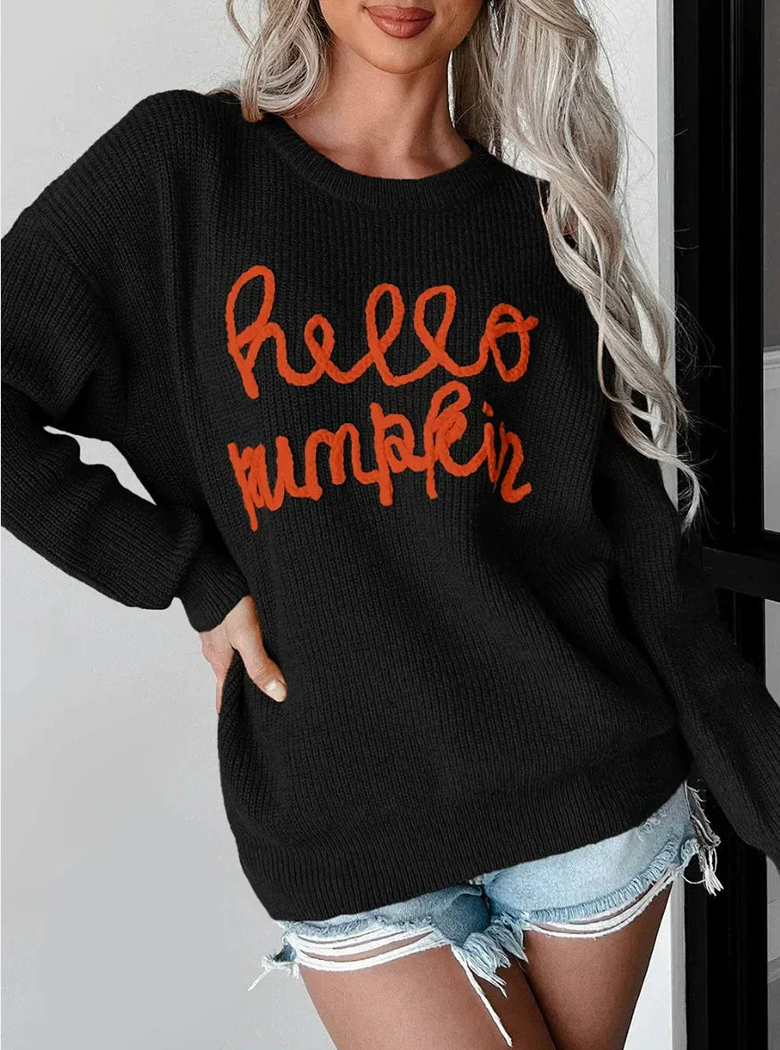 Women's relaxed fit ribbed knit wool blend sweater with subtle letter detail, cozy everyday style