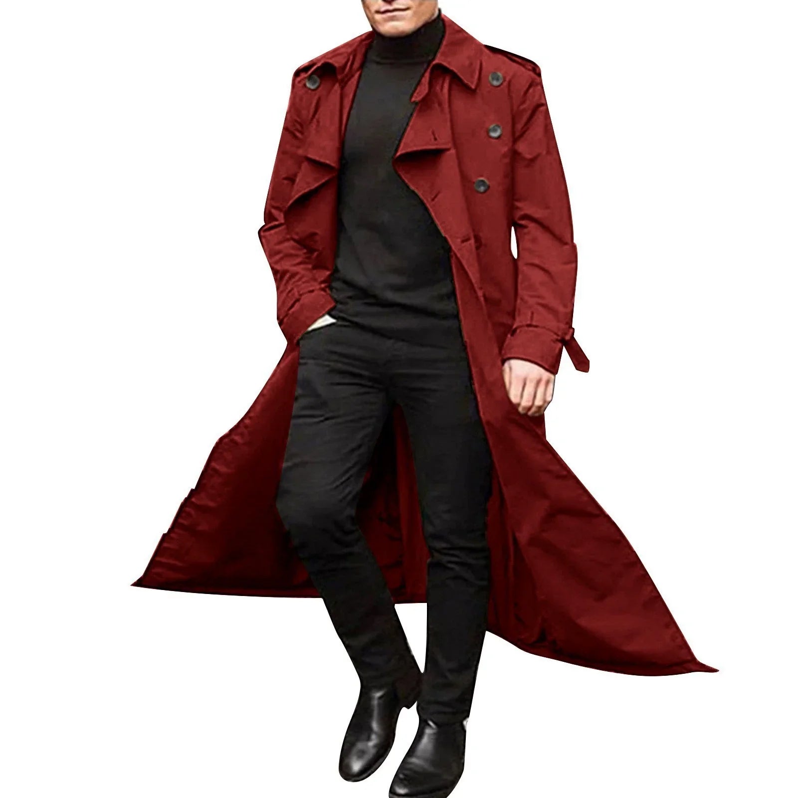 Men's beige tailored trench coat double-breasted notched lapels full-length professional silhouette