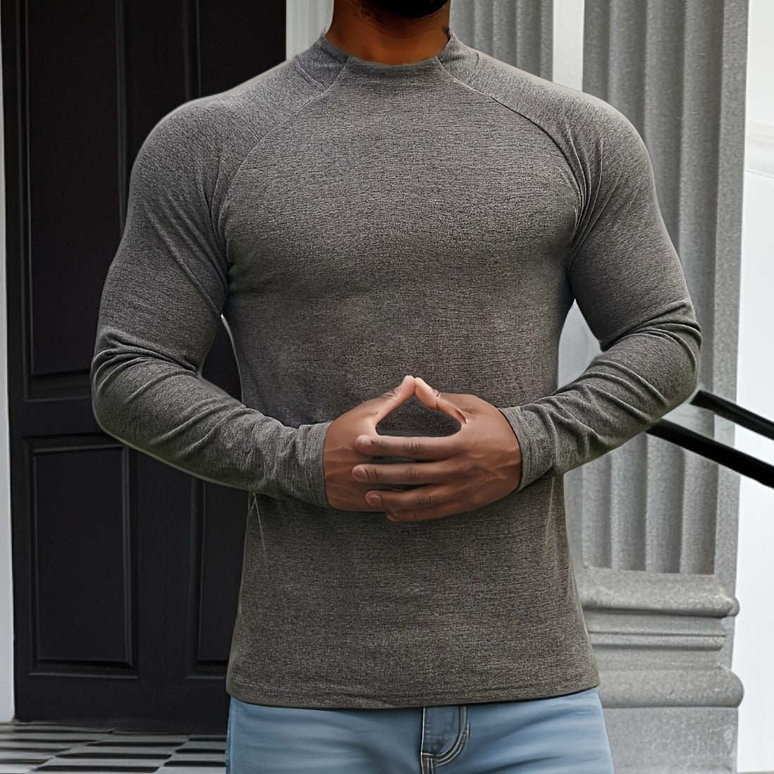 Men's slim fit long sleeve crew neck tee in soft stretch cotton with contrast raglan sleeves