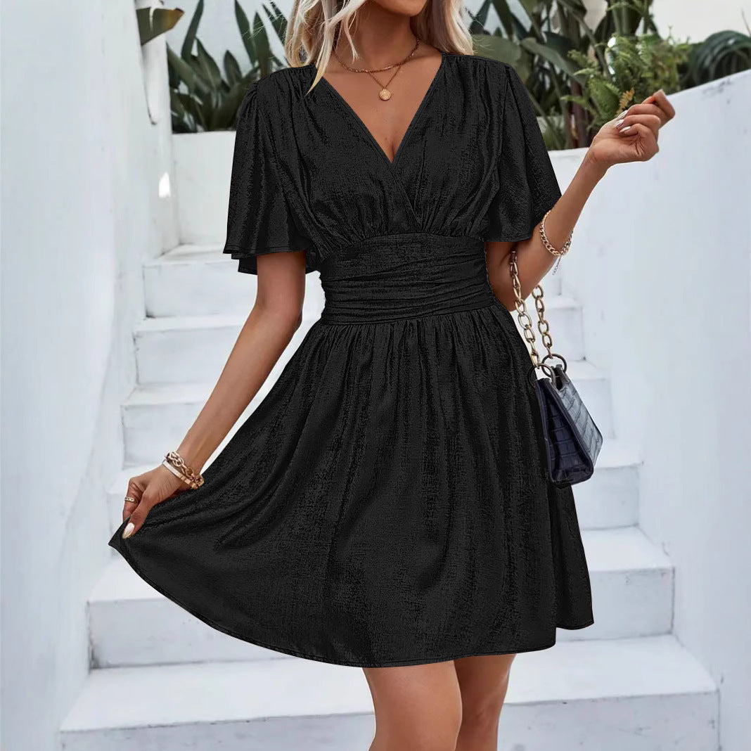 Women's shimmer midi wrap dress with V-neck, flutter sleeves, and A-line fit for elegant occasions