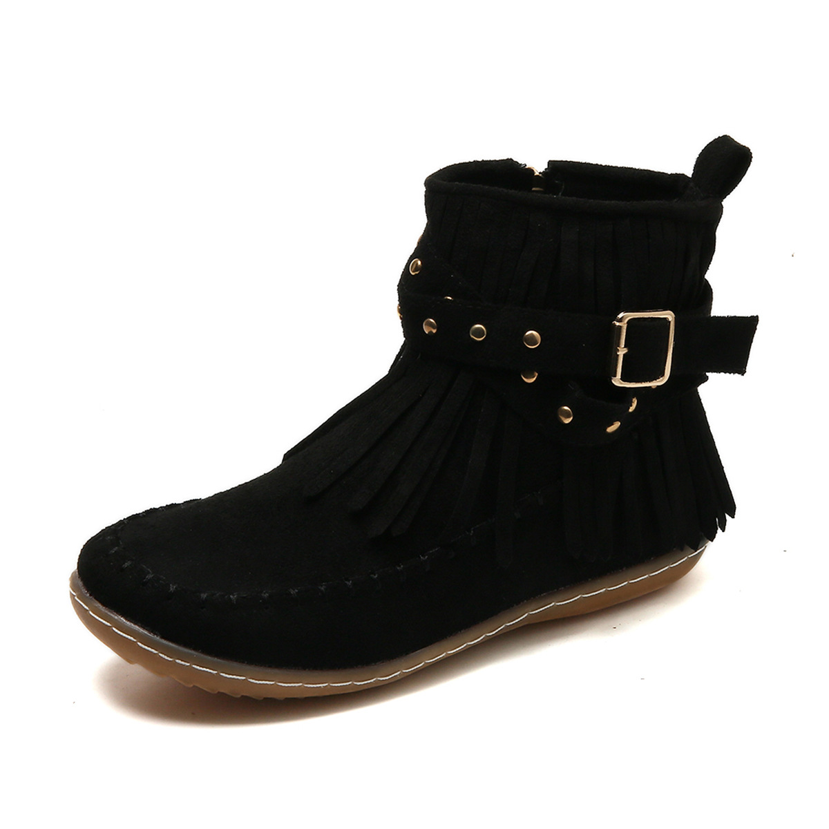 Women's boho-chic fringe detail ankle boots in soft suede with buckle strap accent