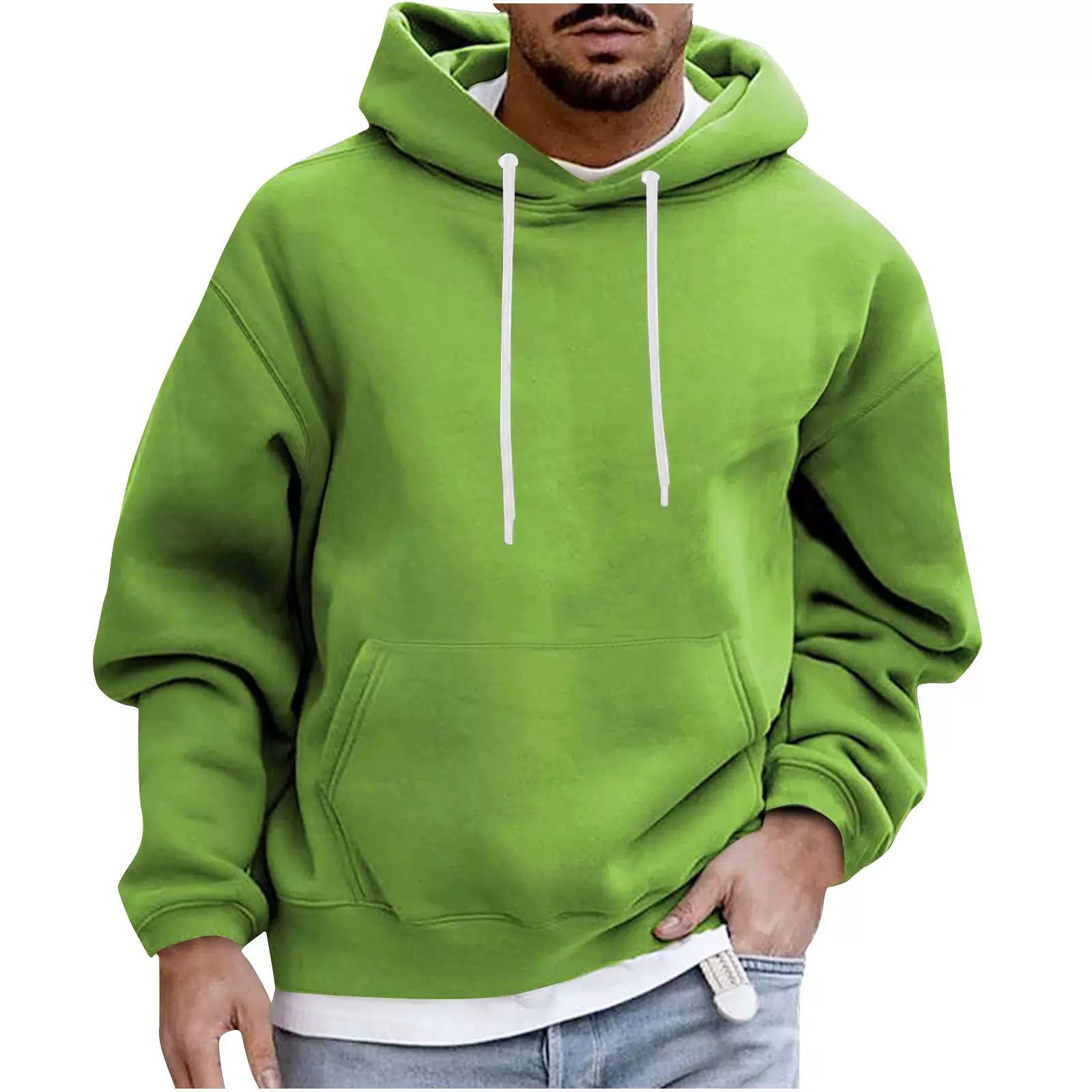 Men's loose fit drop shoulder fleece hoodie with kangaroo pocket and ribbed hem for layering