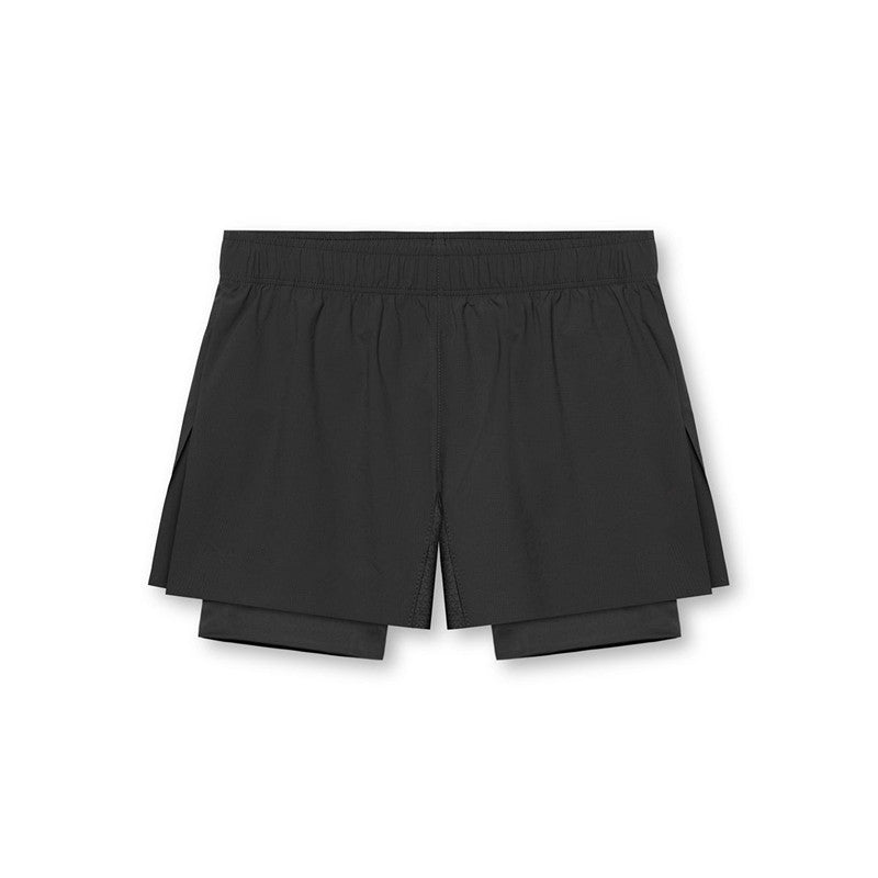 Men's black double-layer training shorts with supportive liner, lightweight breathable fabric for runners