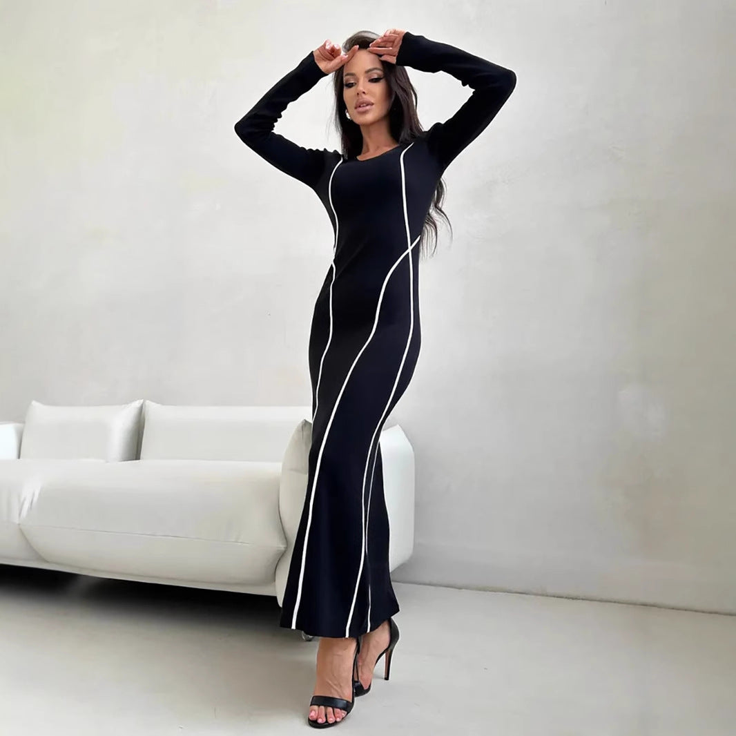 Black maxi bodycon dress long sleeves scoop neck with elegant contrast lines for women