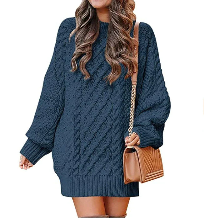 Oversized cable knit wool blend sweater dress mid-length long sleeve in neutral cozy style